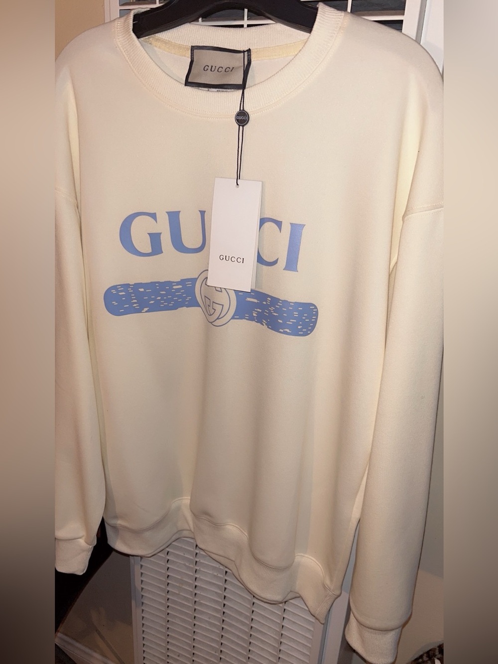 GUCCI Cream Logo Sweatshirt with Blue Graphic